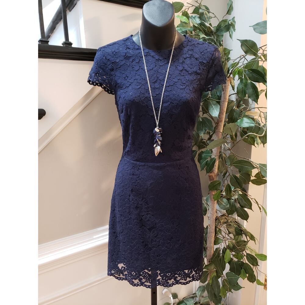 H&M Sheath Dress Women's 4 Blue Floral Lined Short Sleeve Crew Neck Back Zipper